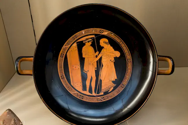 Briseis Painter Arv 406 2 Young Guard With Spear And Old Man At Door - Dionysos With Satyrs And Maenads 