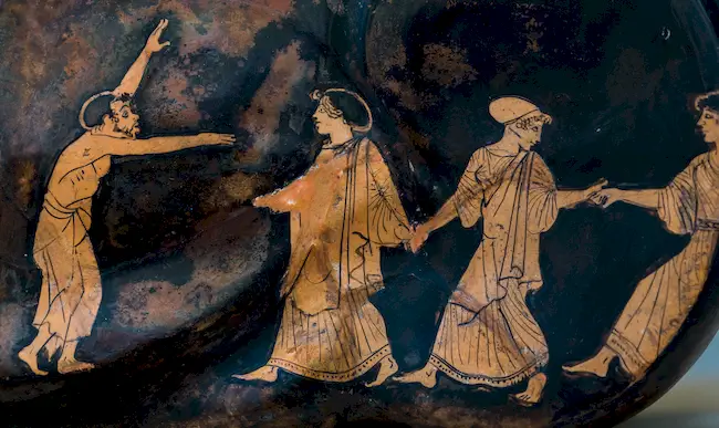 Sotades Painter Arv 765 20 Bearded Man At The Entrance Of A Cave And Dancing Women 